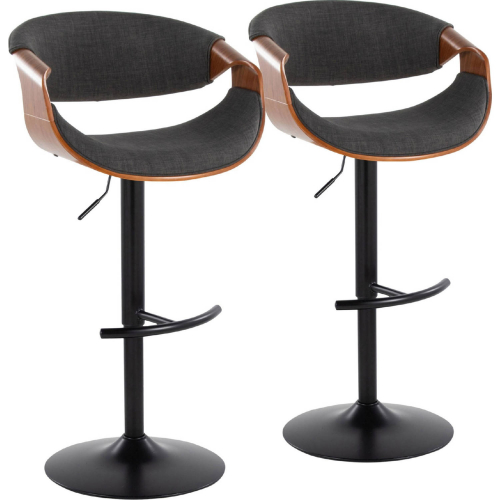 Curvo Adjustable Swivel Bar Stool in Black Metal, Walnut Wood & Charcoal Fabric (Set of 2)